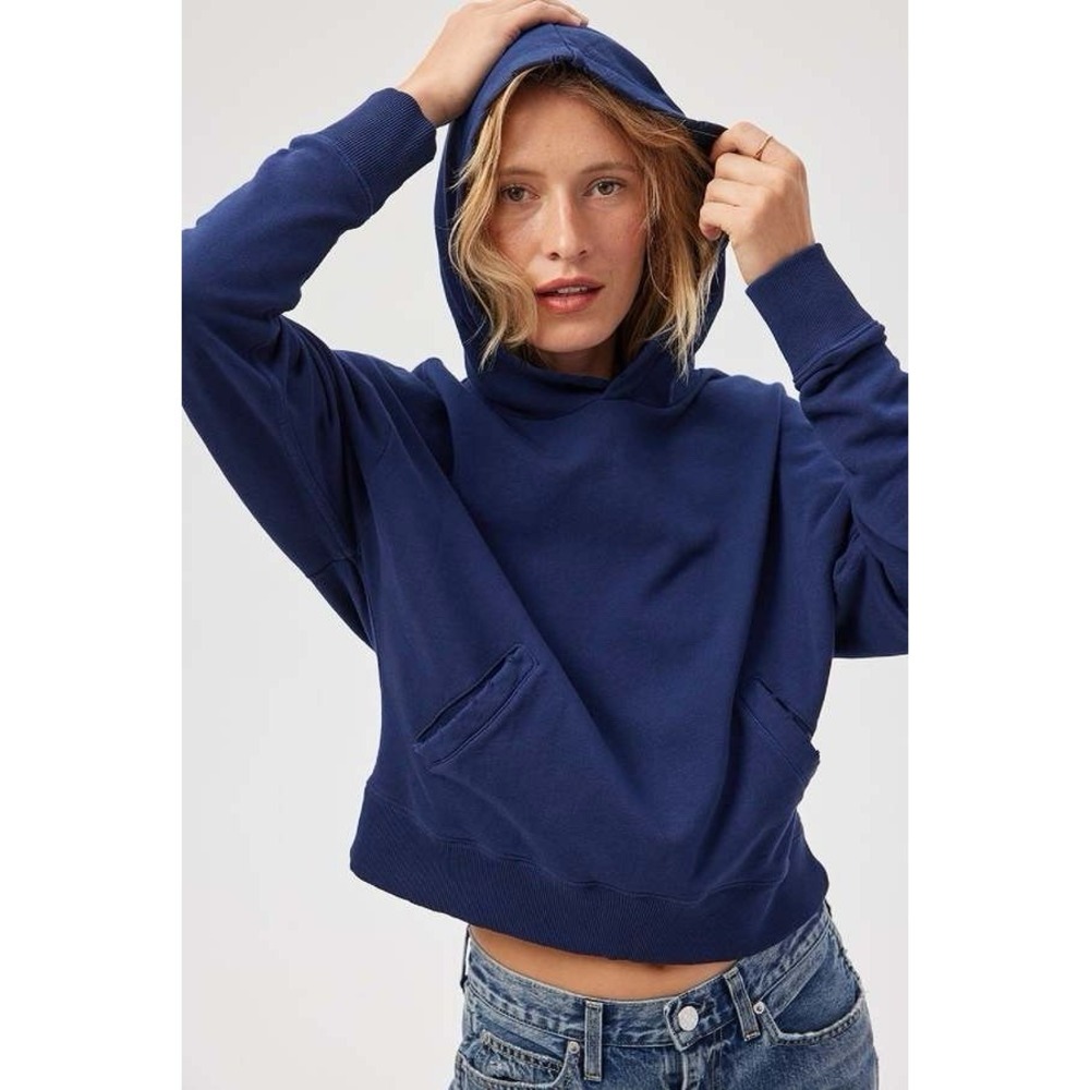 NWOT AMO French Terry Curved Hoodie Sz S Distressed Preppy Sporty MSRP $198